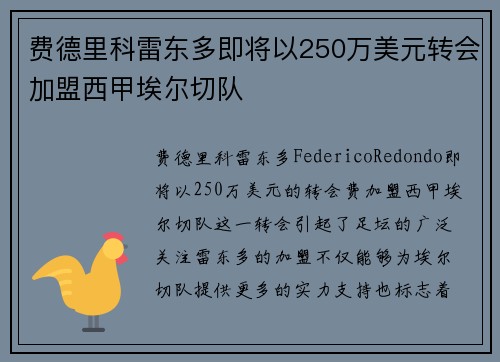 费德里科雷东多即将以250万美元转会加盟西甲埃尔切队