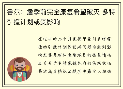 鲁尔：詹季前完全康复希望破灭 多特引援计划或受影响